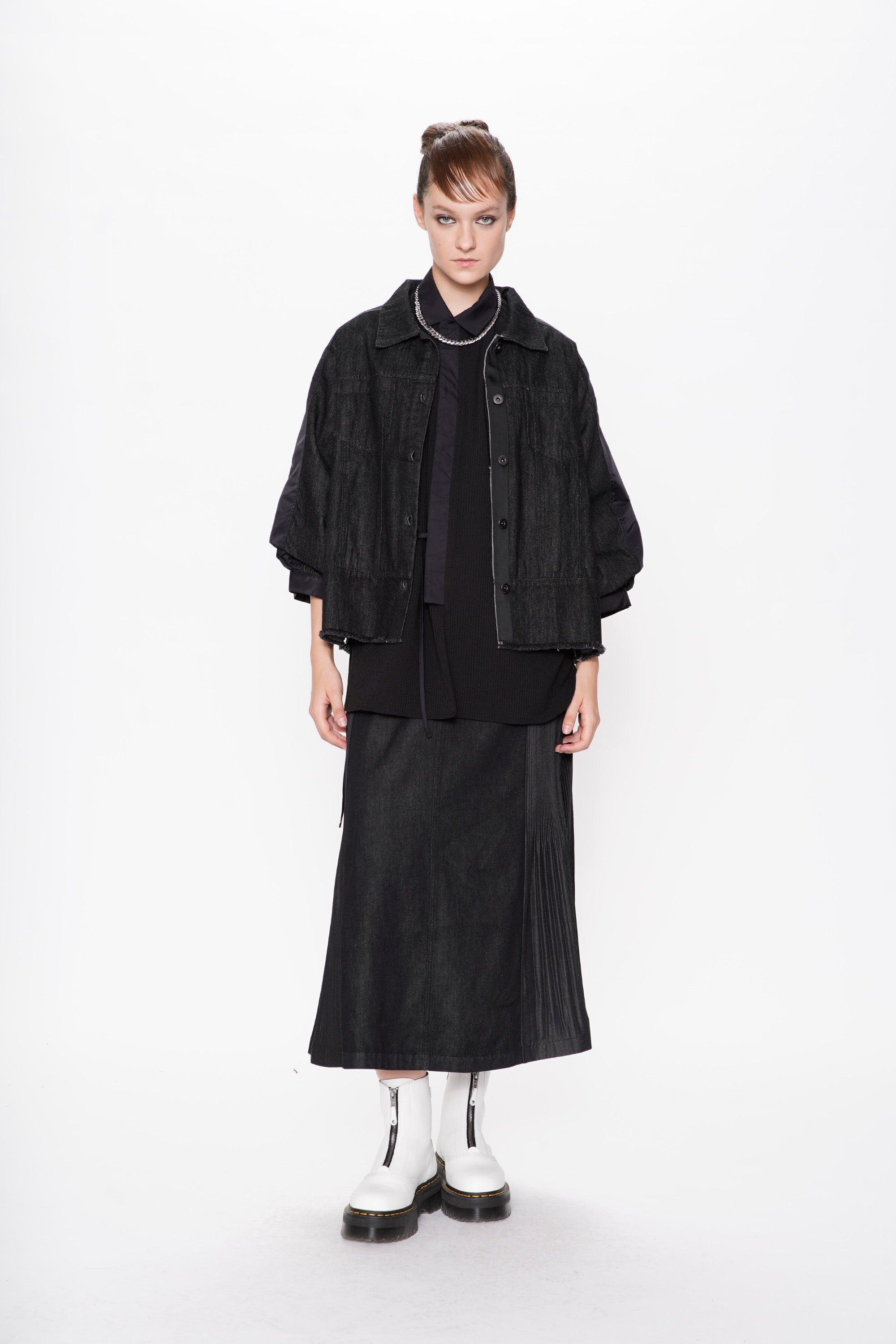 Nylon Bubble Crop Sleeve Denim Jacket