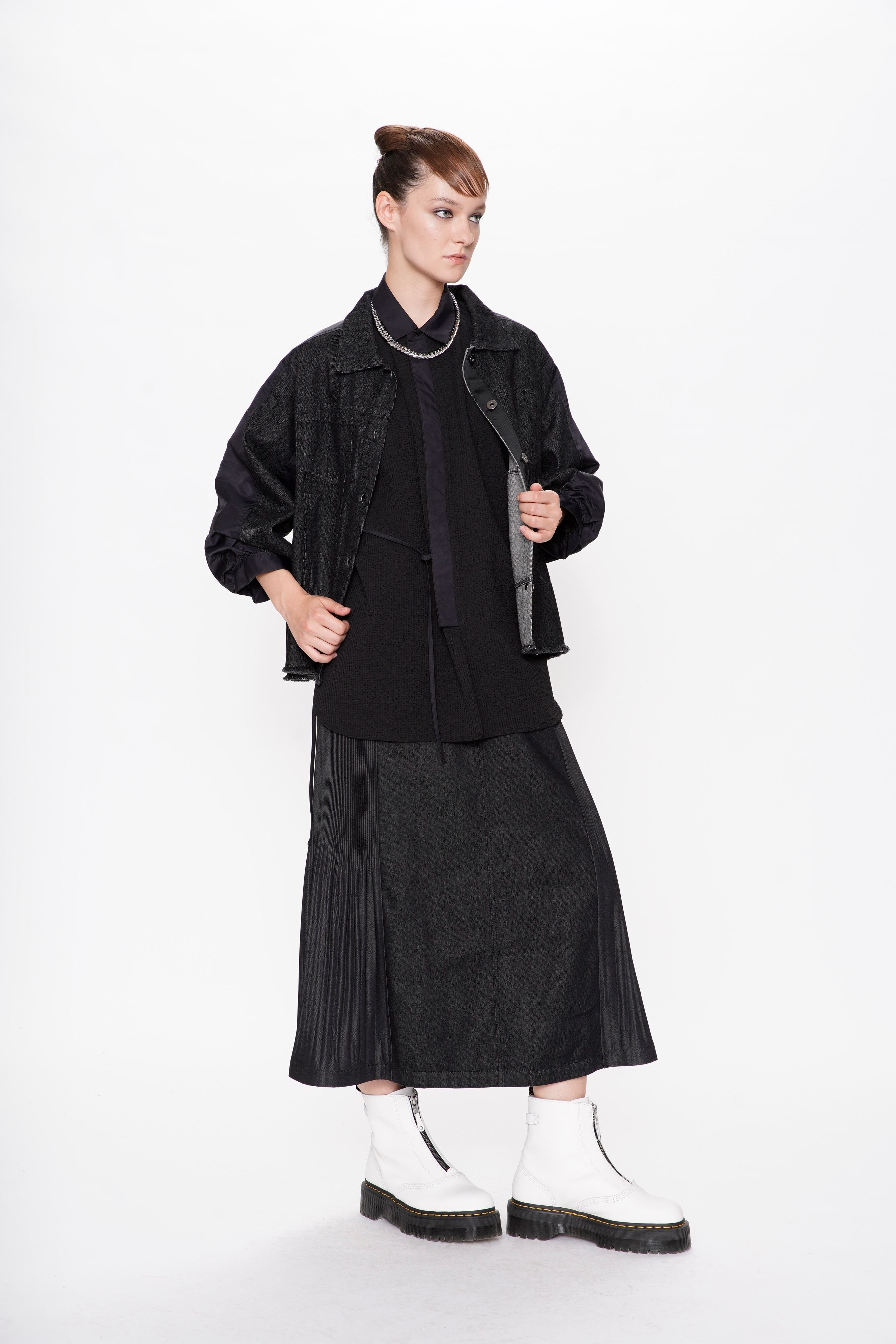 Nylon Bubble Crop Sleeve Denim Jacket