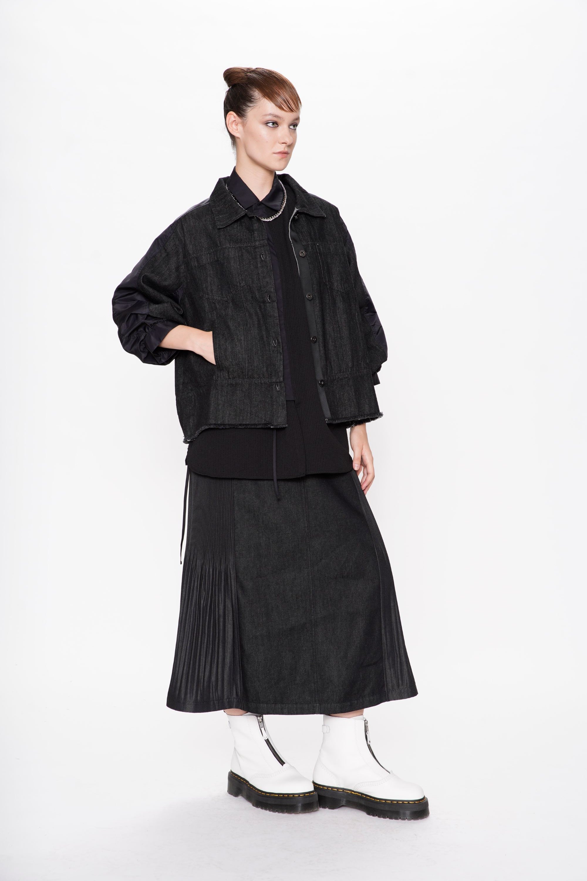 Nylon Bubble Crop Sleeve Denim Jacket