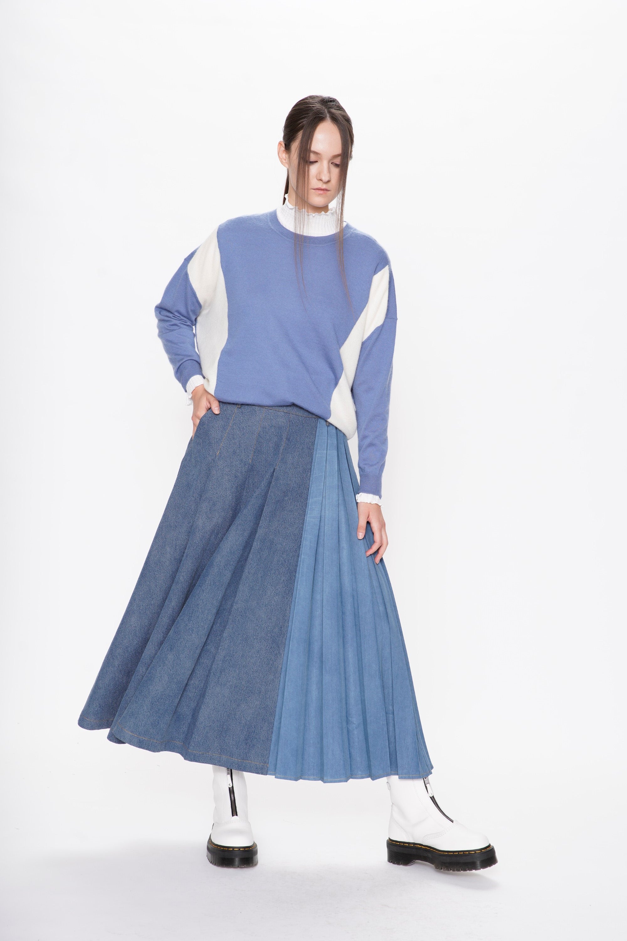 Denim Mix Pleated Maxi Skirt