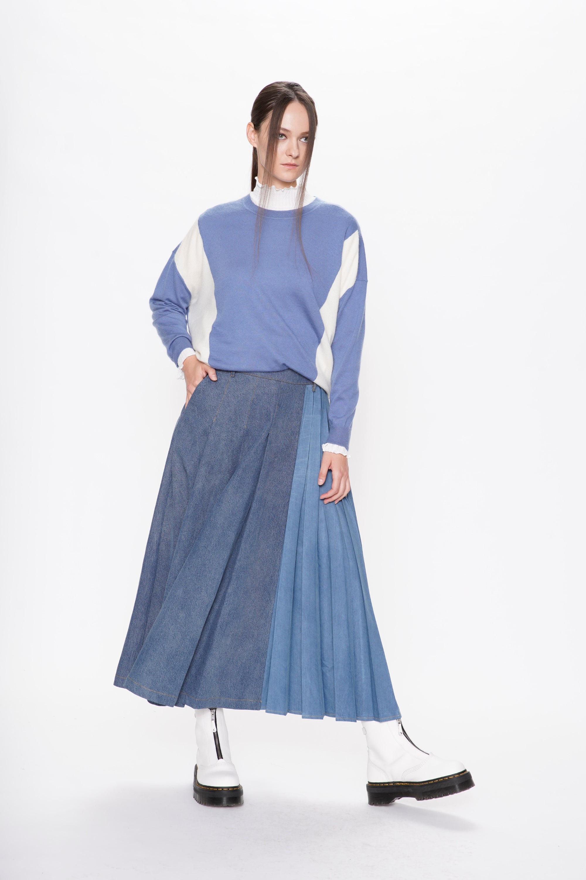 Denim Mix Pleated Maxi Skirt