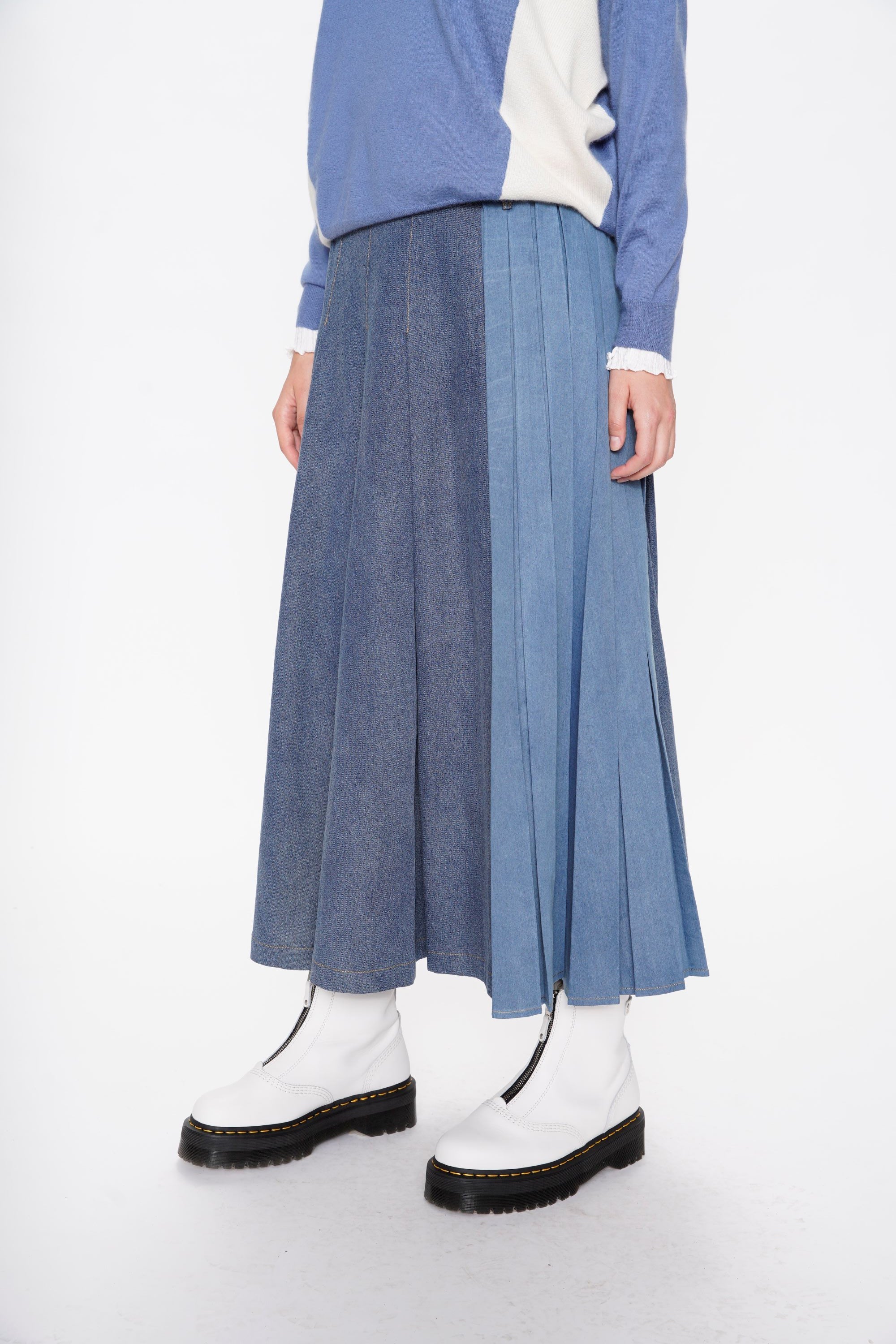 Denim Mix Pleated Maxi Skirt