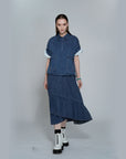 Snow Wash Denim Ruffle Layer Flare Skirt