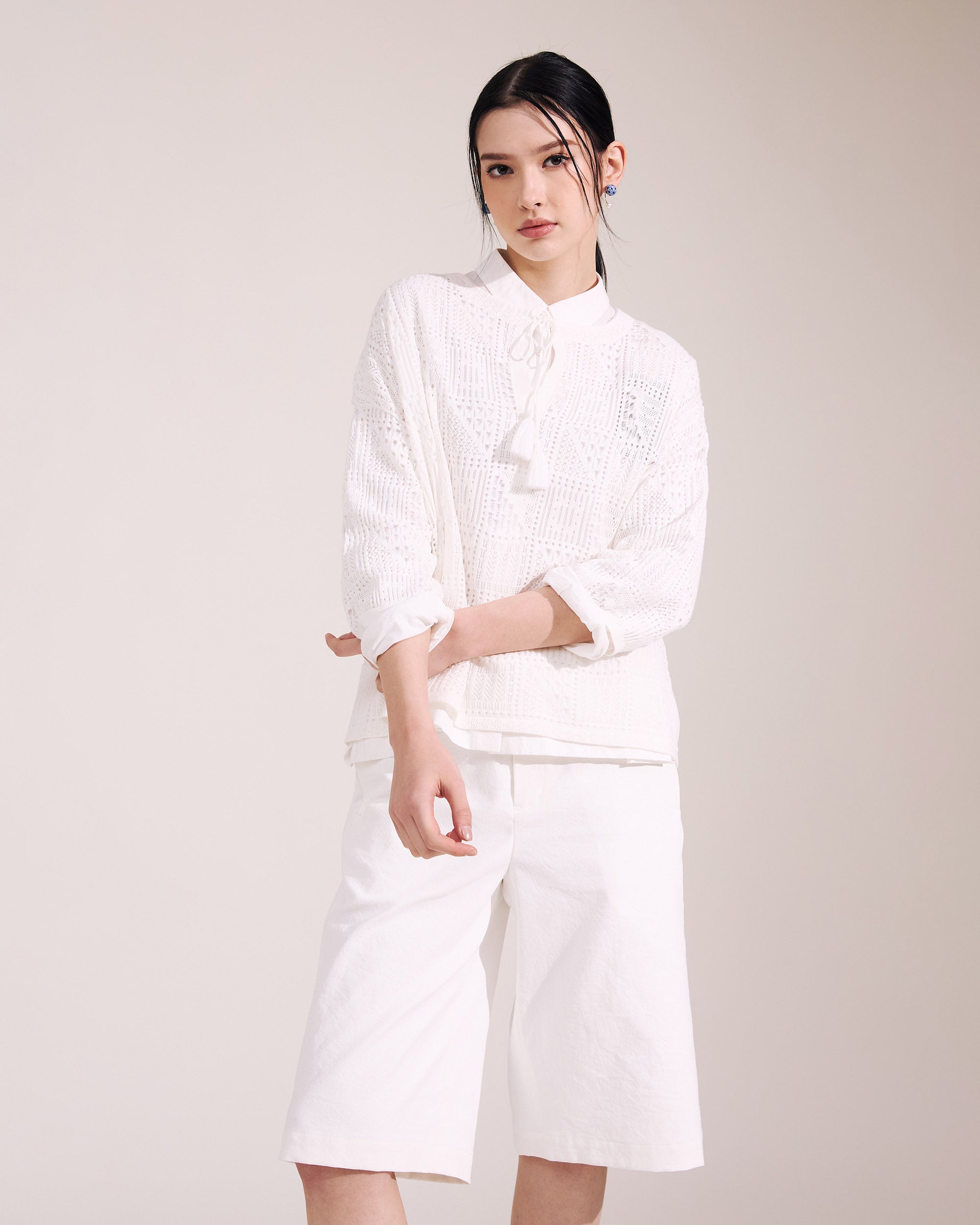 NORAH SUE Organic Cotton Pointelle Short Sleeve Pullover