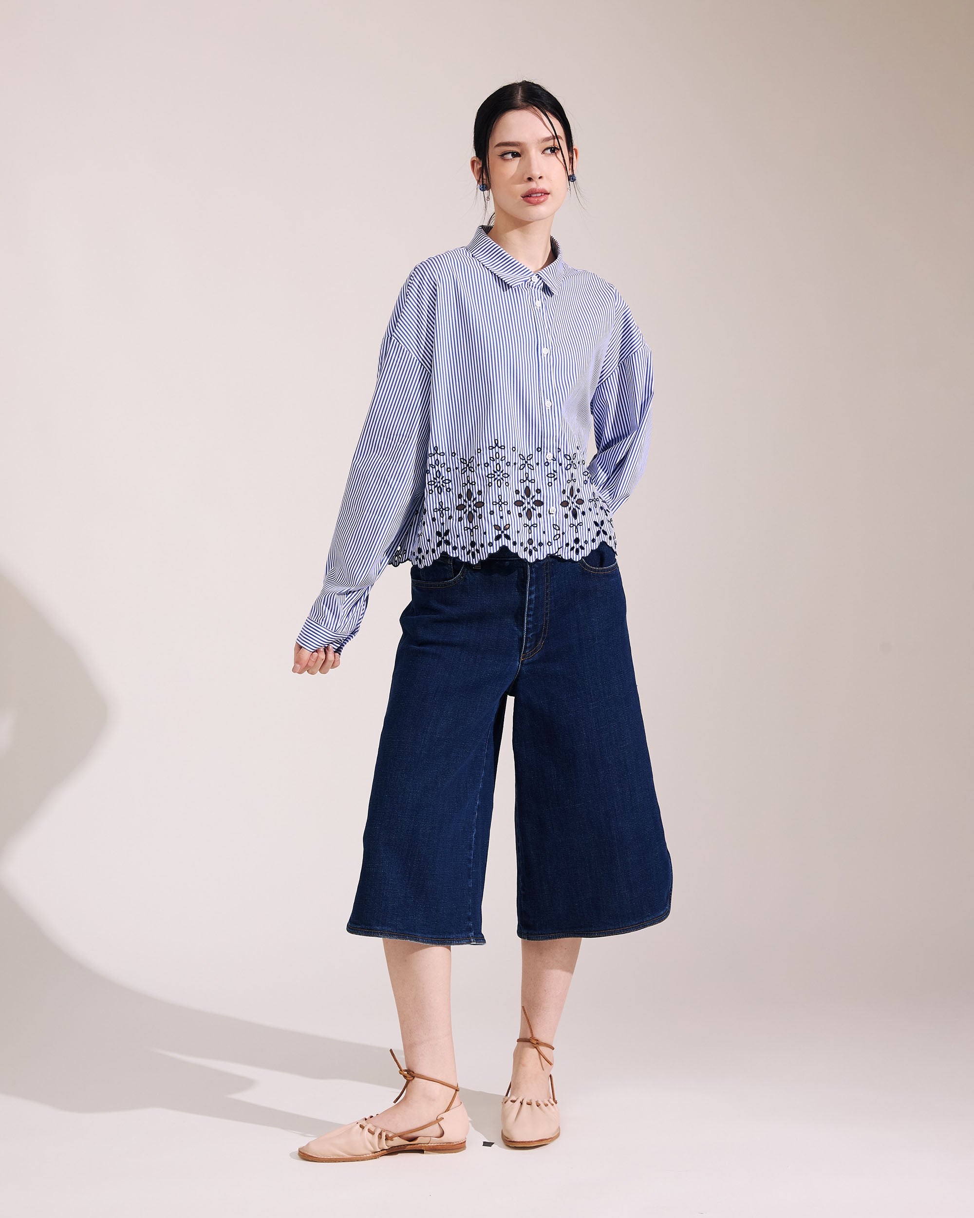 NORAH SUE Striped Poplin Embroidery Shirt