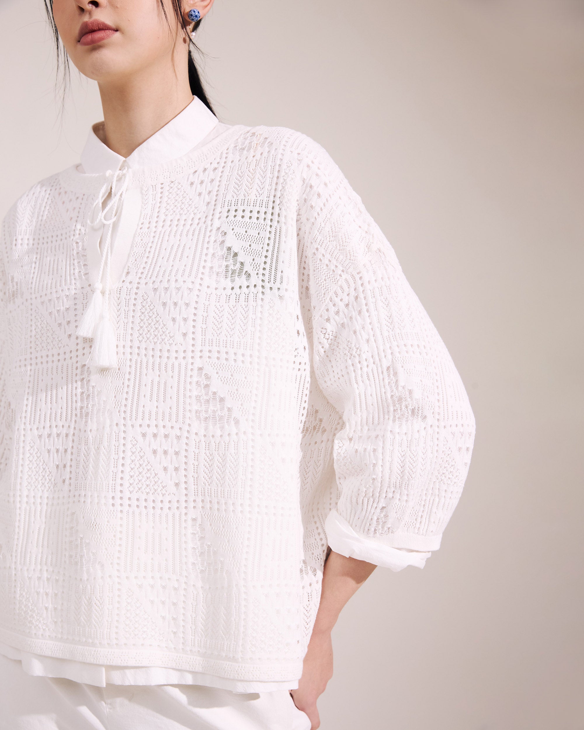 NORAH SUE Organic Cotton Pointelle Short Sleeve Pullover