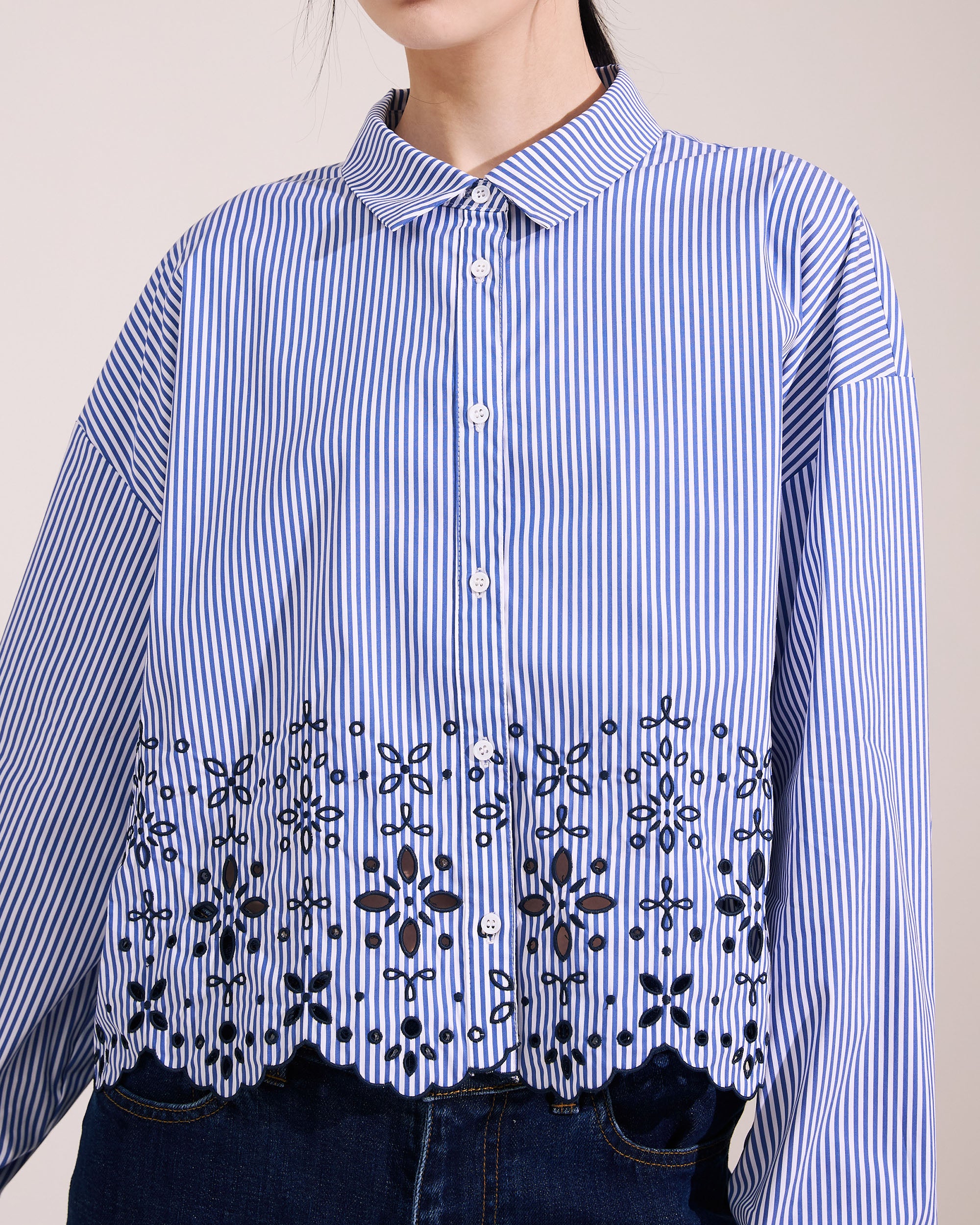 NORAH SUE Striped Poplin Embroidery Shirt