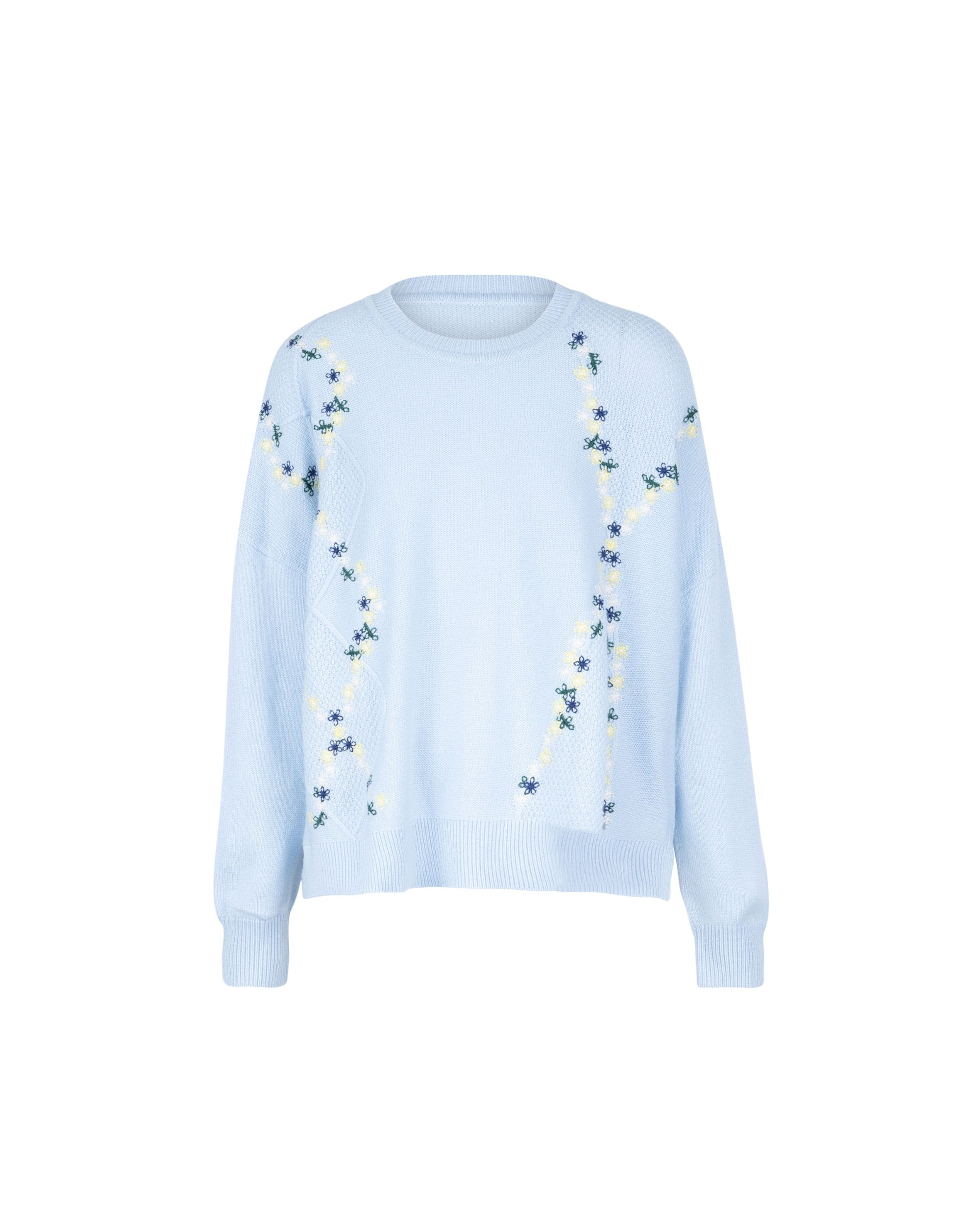 Wool Cashmere Colorful Daisy Embrodiery Knit Top