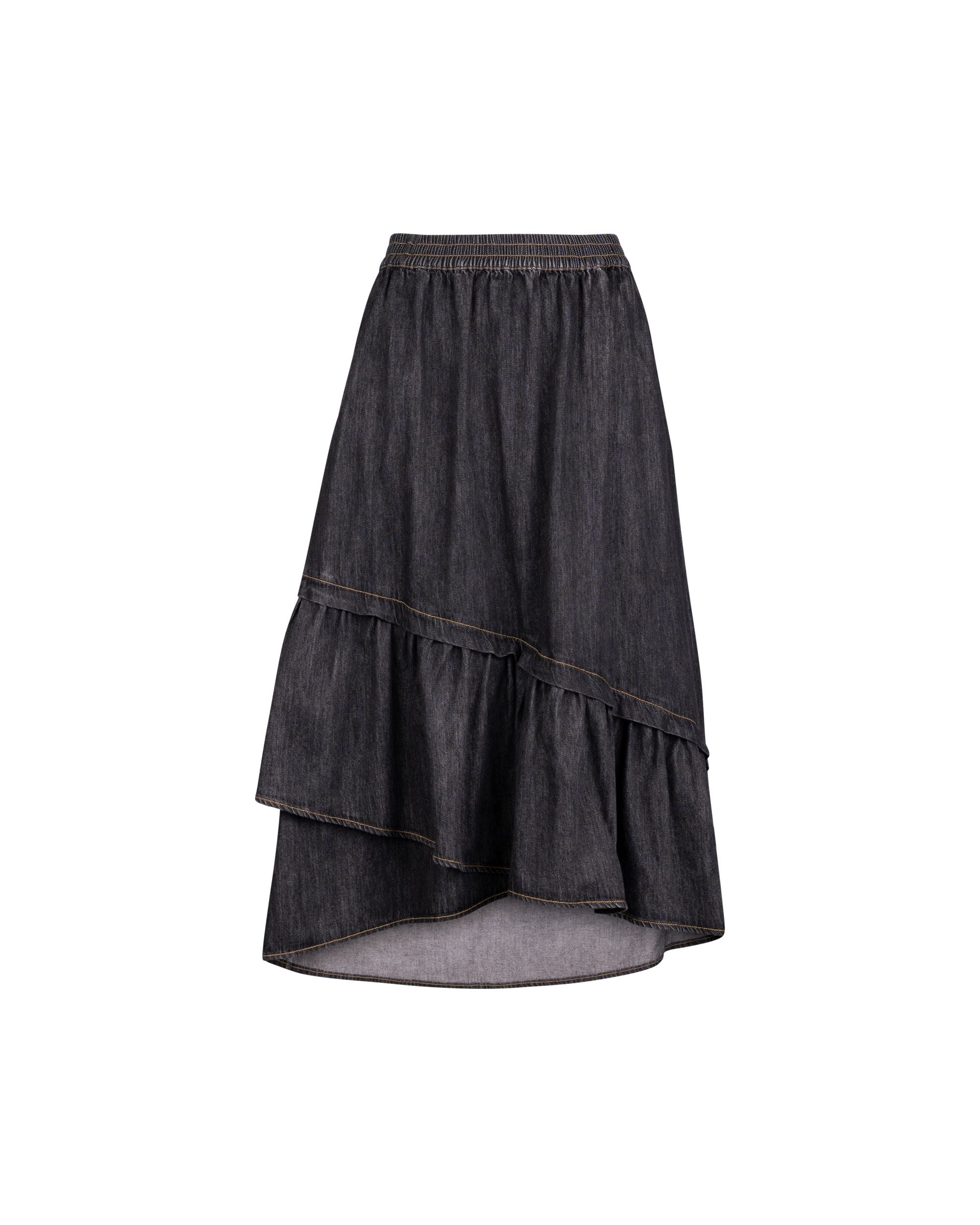 Snow Wash Denim Ruffle Layer Flare Skirt