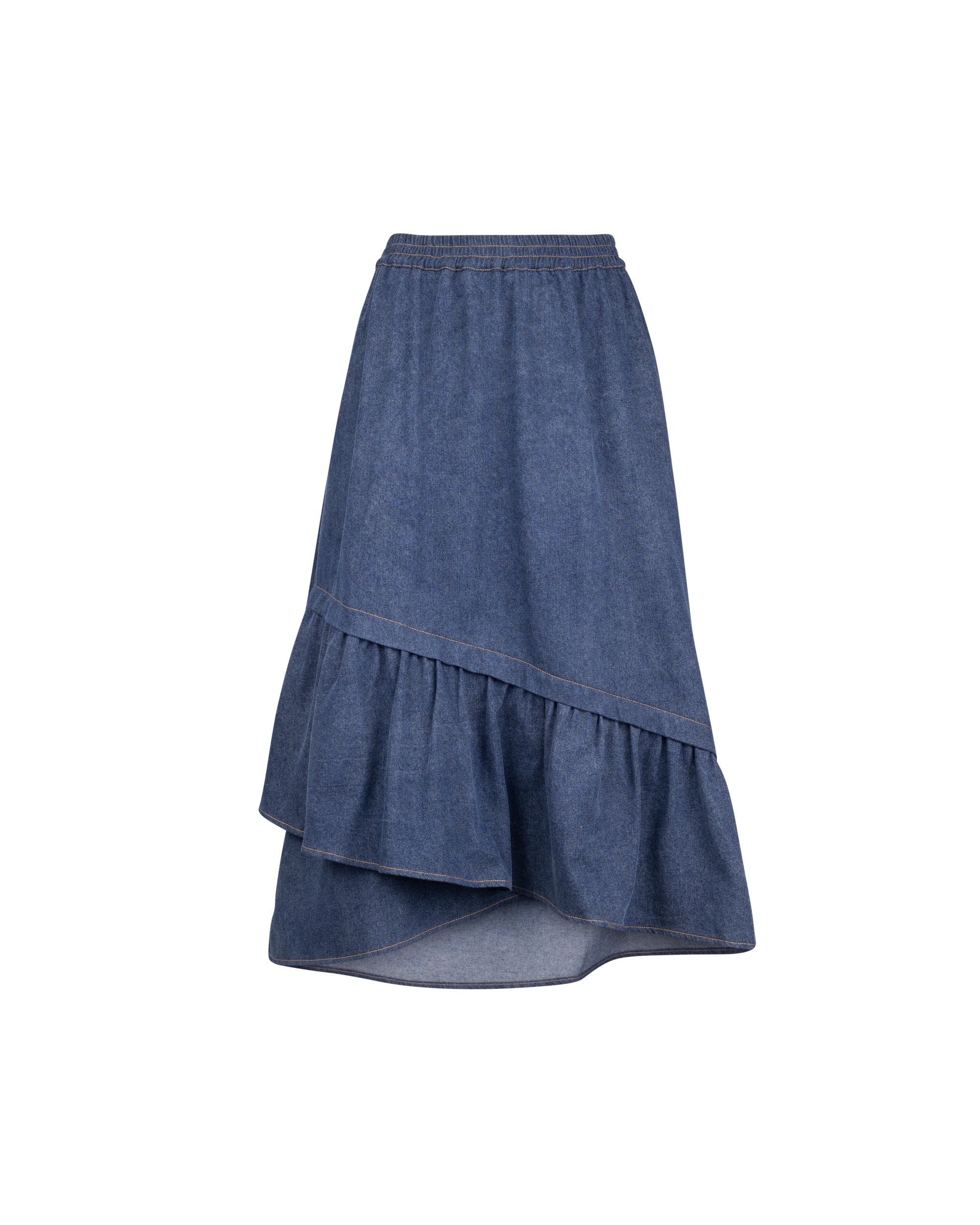 Snow Wash Denim Ruffle Layer Flare Skirt