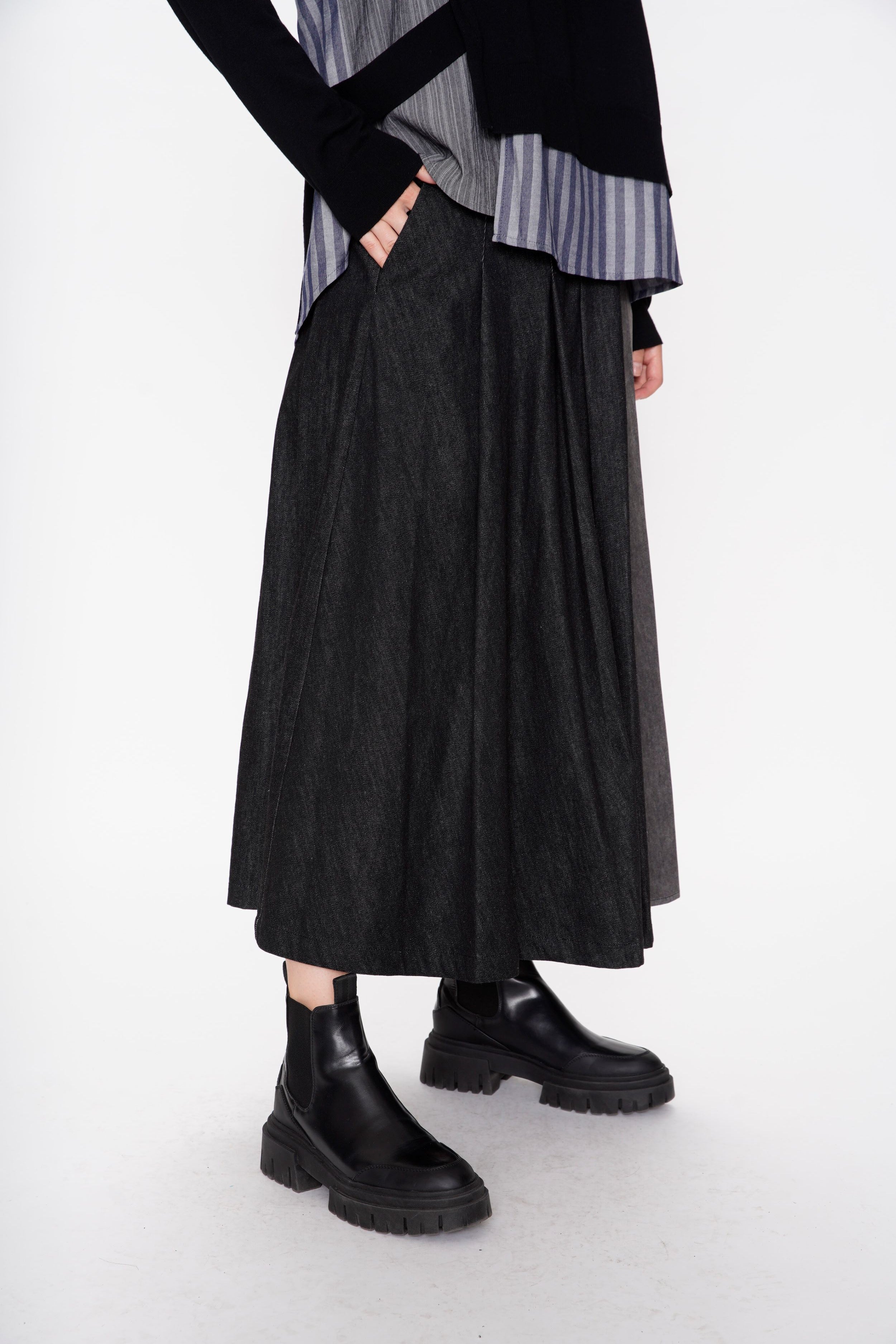 Denim Mix Pleated Maxi Skirt