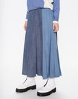 Denim Mix Pleated Maxi Skirt