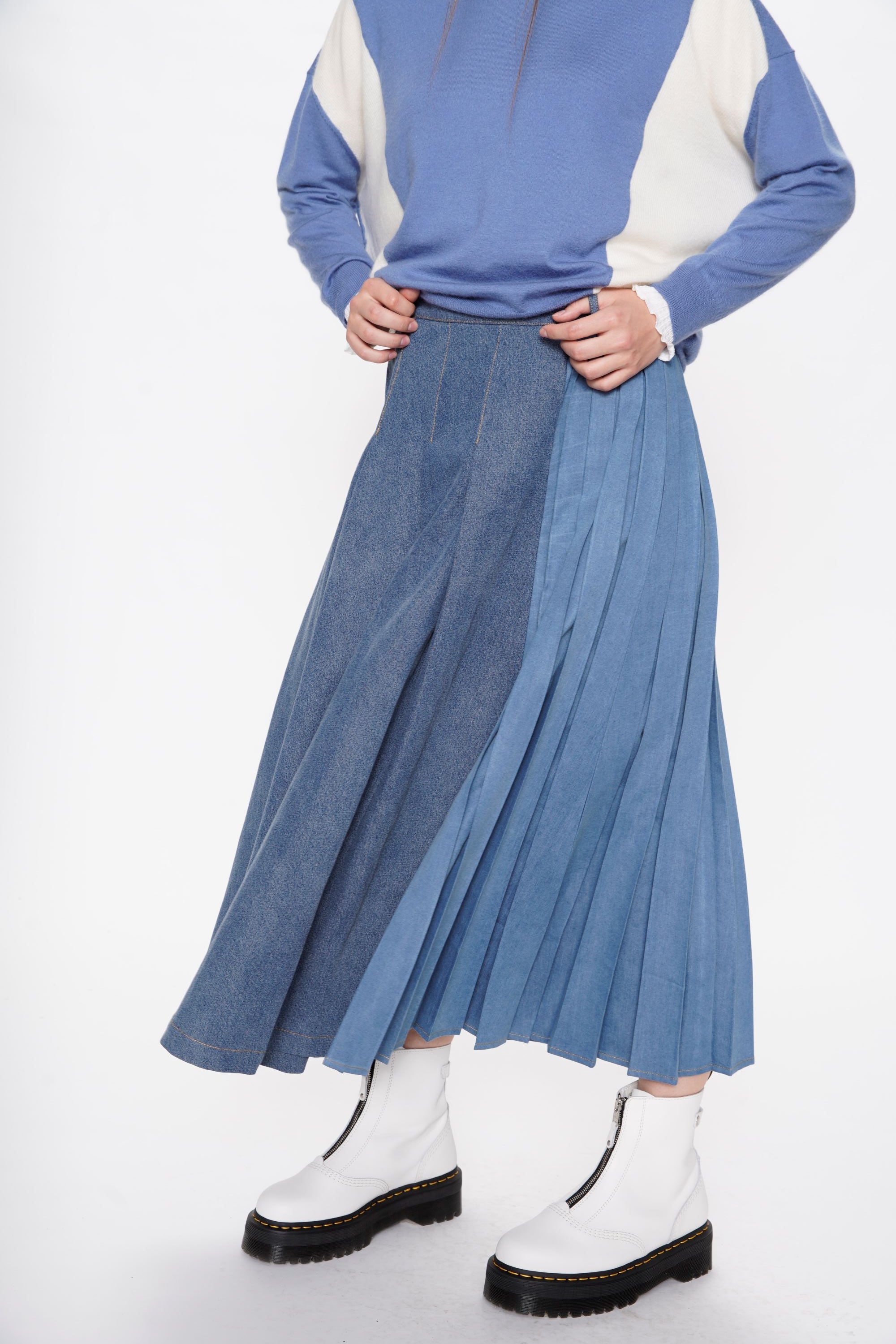 Denim Mix Pleated Maxi Skirt