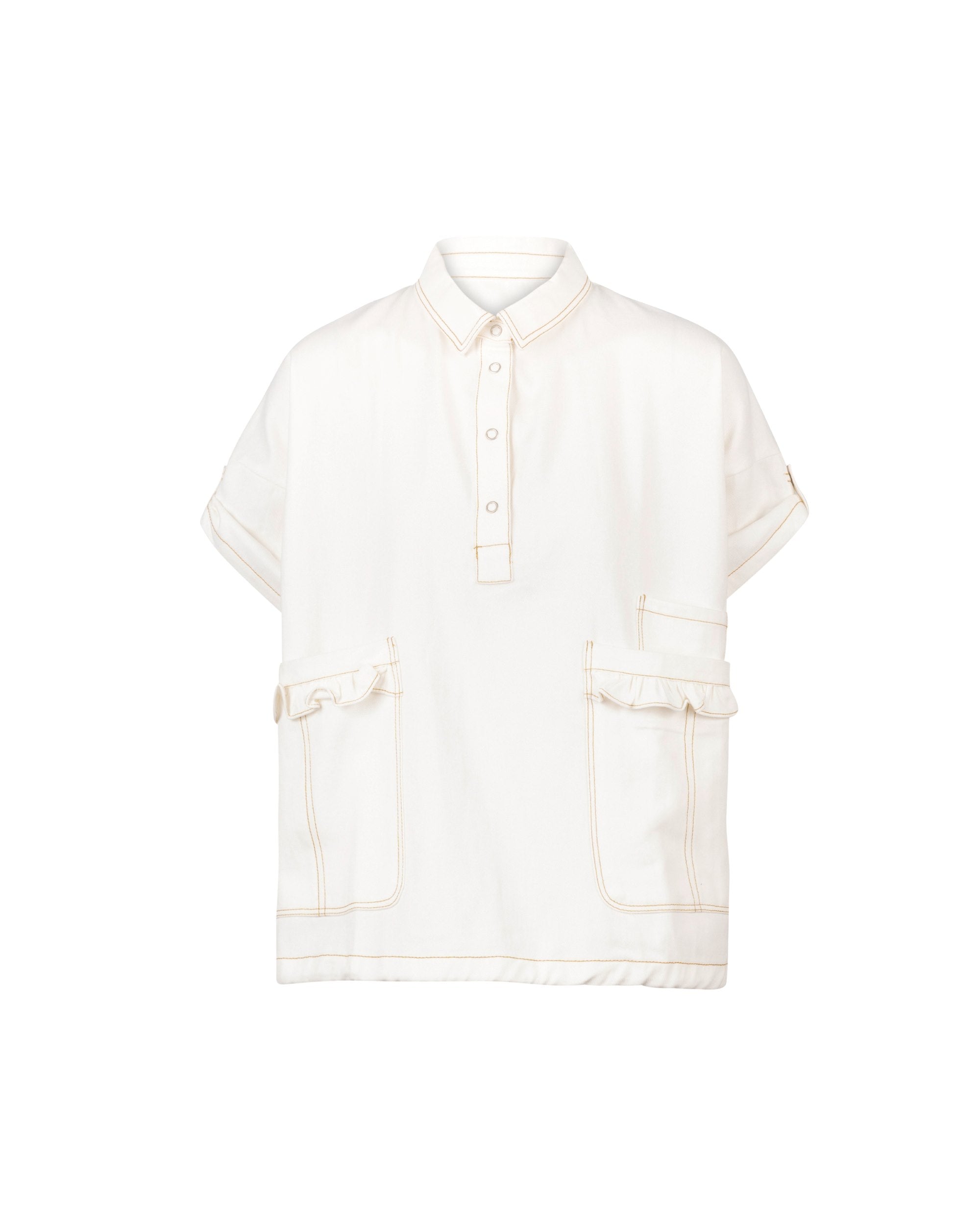 Snow Wash Denim Ruffle Pocket Blouse