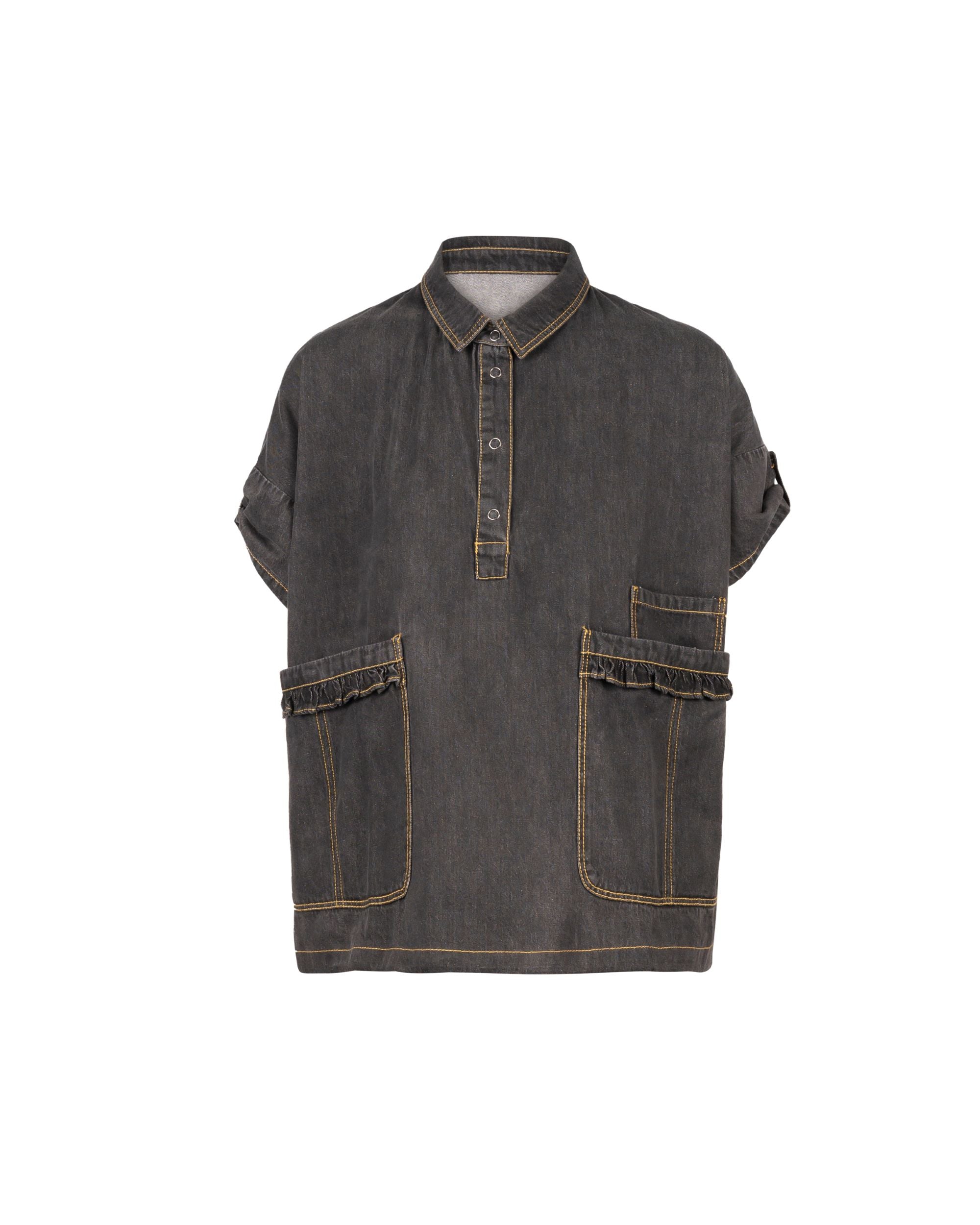 Snow Wash Denim Ruffle Pocket Blouse