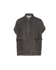 Snow Wash Denim Ruffle Pocket Blouse