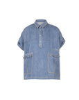 Snow Wash Denim Ruffle Pocket Blouse