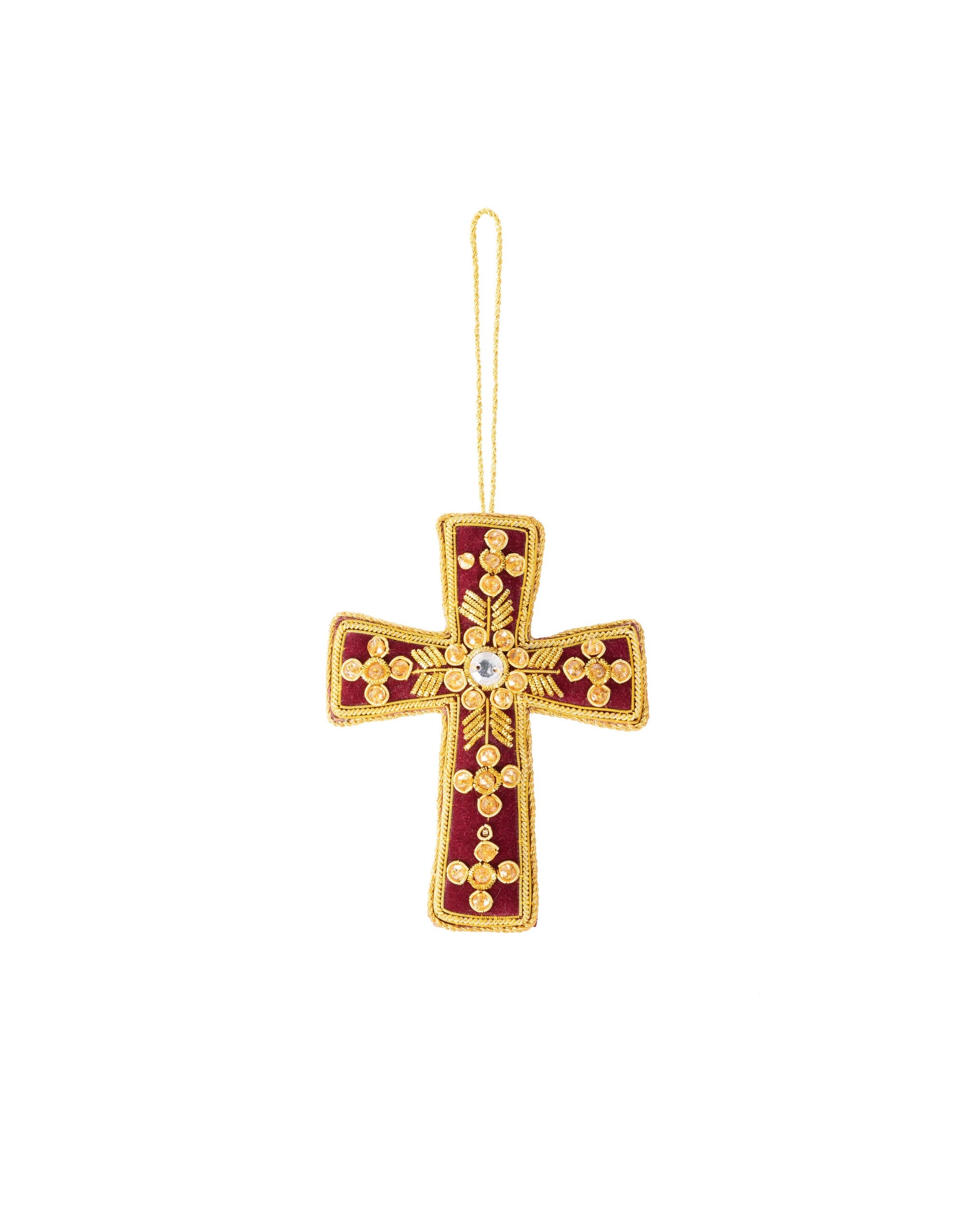 VARSHA JARIWALA Maroon Cross With Stone And Gold Work Ornament